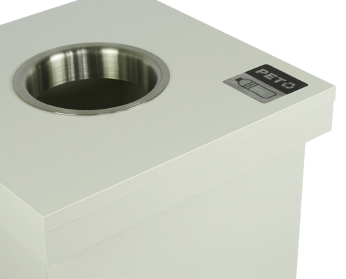 avakuk-dekor-holz-recyclingbox-weiss-chromstahl-einwurf-plakette weisse recyclingbox aus holz für pet