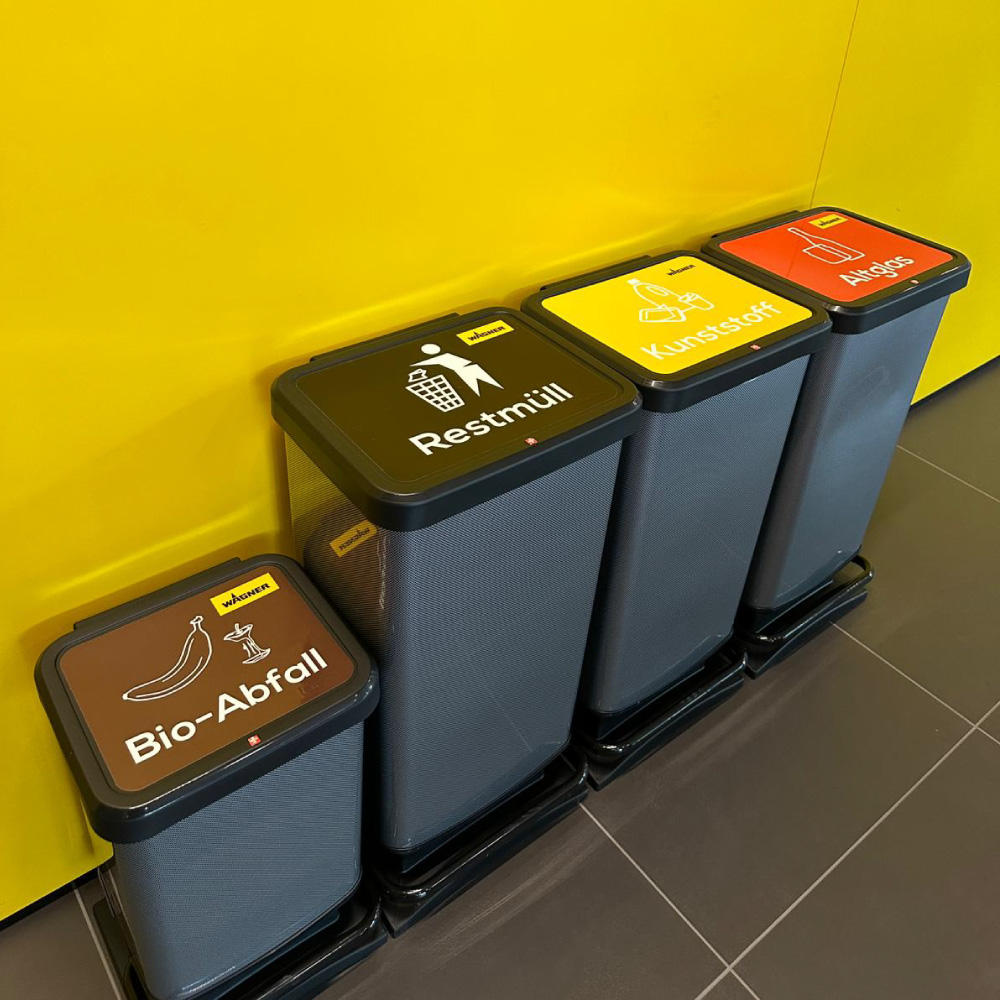 wagner-sonderanfertigung-recyclingstation-muell-pet-alu-papier-bio-abfaelle abfallkübel mit aufkleber